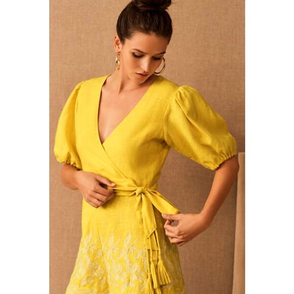 Place Nationale Daloa Linen Wrap-Front Embroidered Romper in Yellow Size 2 NWT - Picture 10 of 10